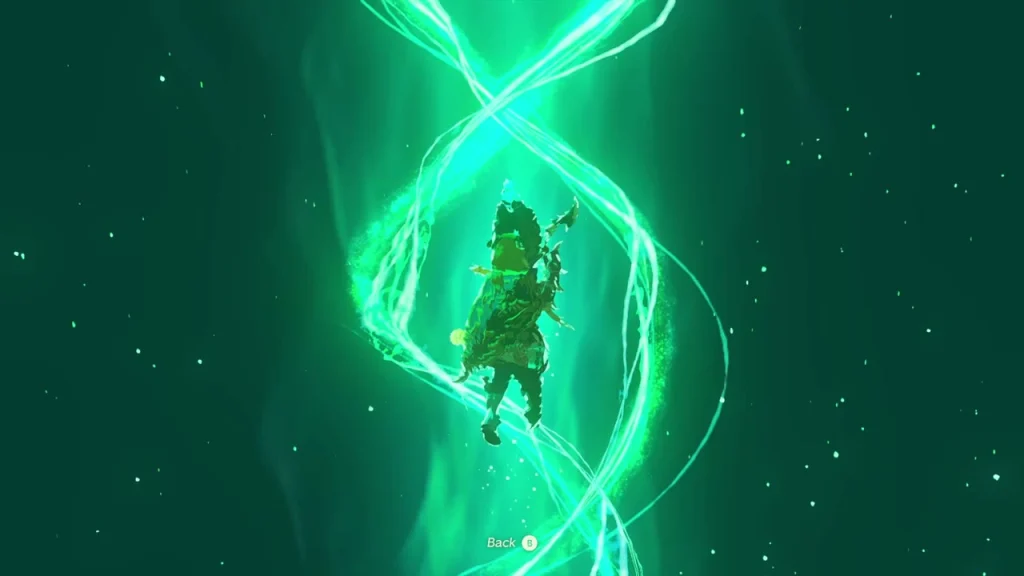 Green Ascend column carrying Link up from the Depths toward Korok Forest Green Ascend column carrying Link up from the Depths toward Korok Forest