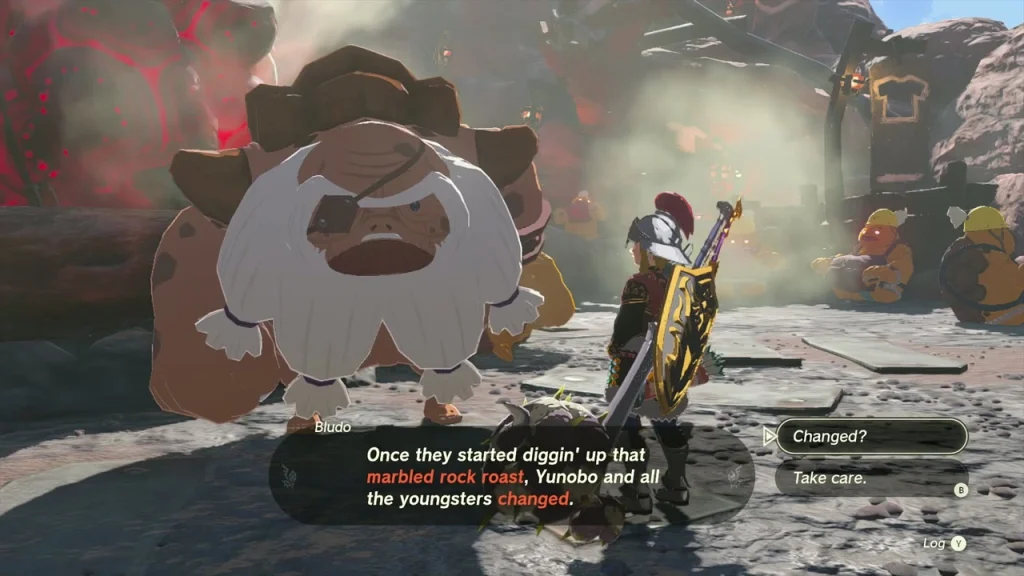 Bludo, the white-bearded Goron elder, standing in a Goron City street Bludo, the white-bearded Goron elder, standing in a Goron City street