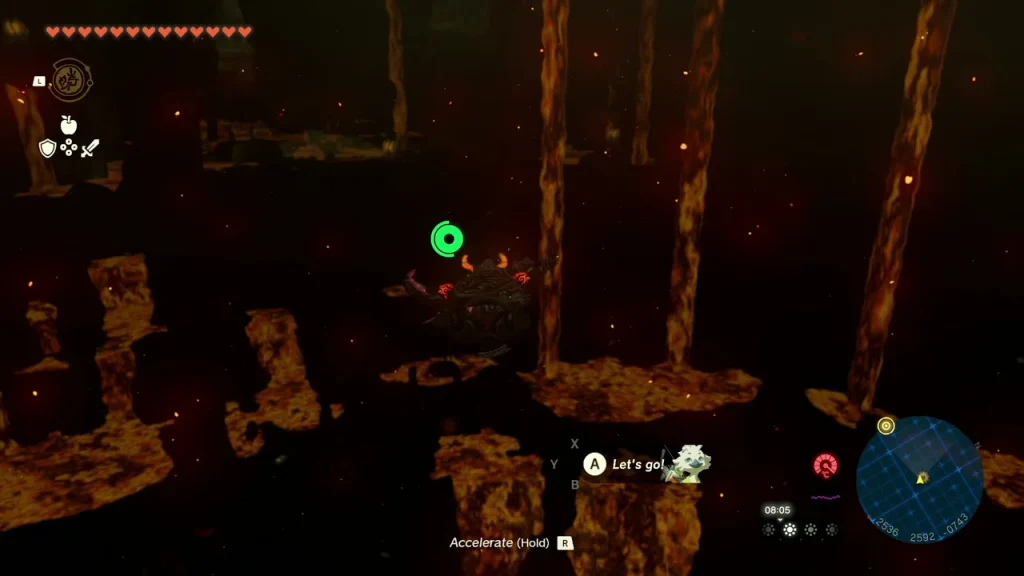 Gliding down into the dark lava-lit Death Mountain chasm Gliding down into the dark lava-lit Death Mountain chasm