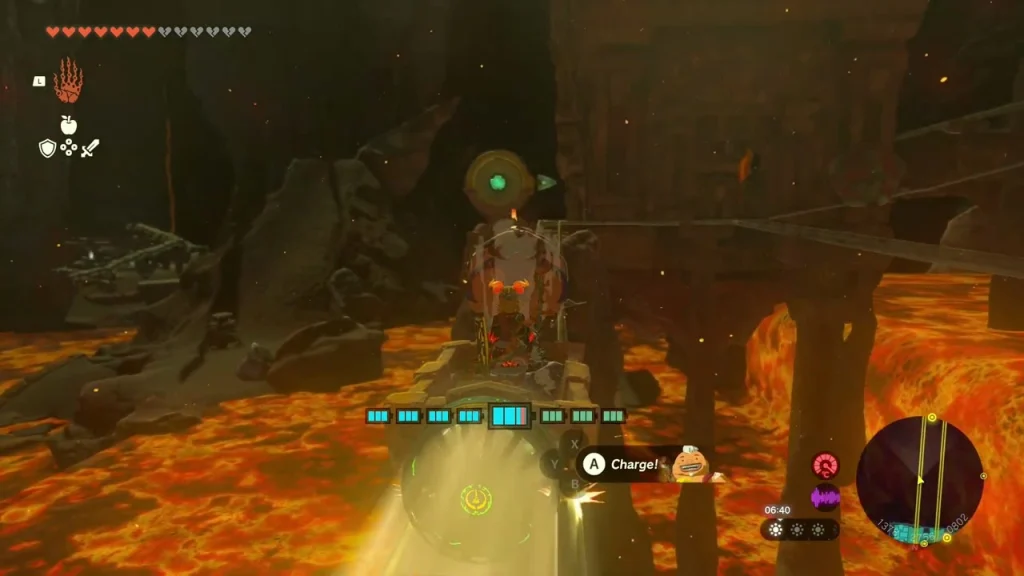 Red boulder across the lava with a Charge prompt Red boulder across the lava with a Charge prompt