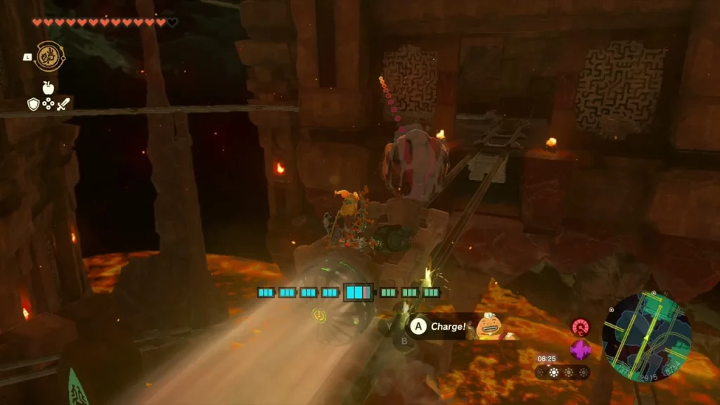 Cart charging along rails over a lava pit Cart charging along rails over a lava pit