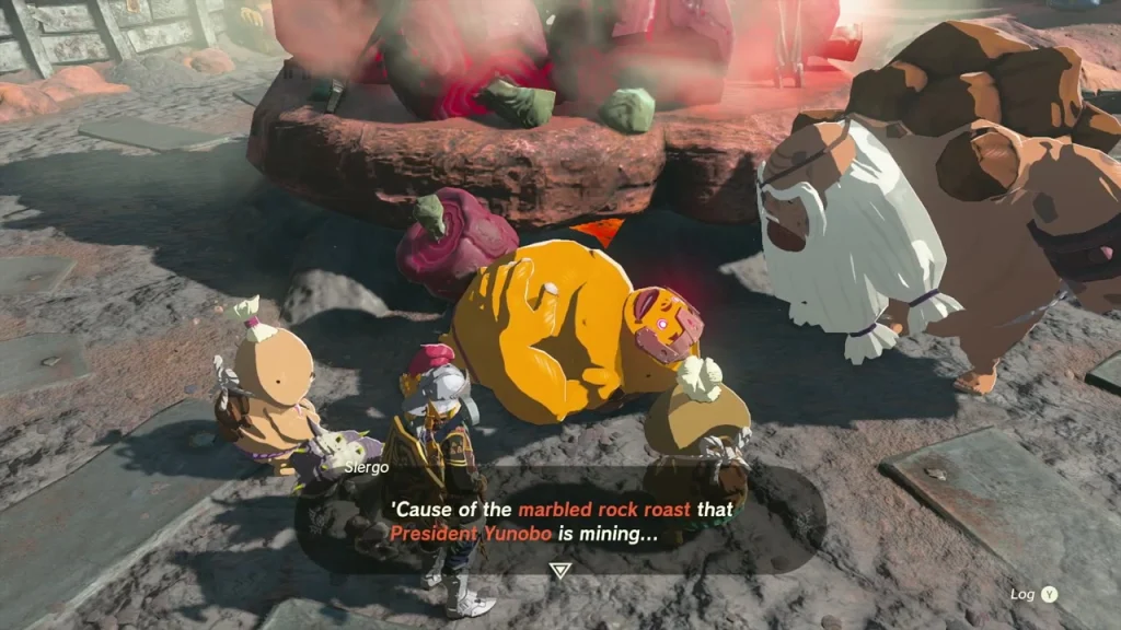 Gorons crowded around the heap of Marbled Rock Roast in Goron City Gorons crowded around the heap of Marbled Rock Roast in Goron City