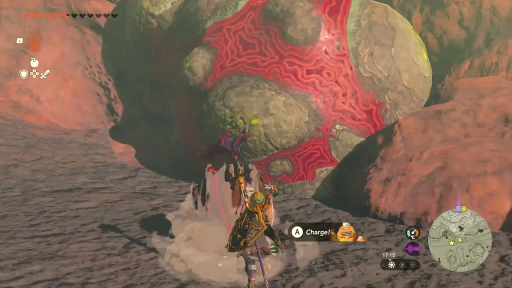 Red-veined boulder on the slope with a Charge prompt Red-veined boulder on the slope with a Charge prompt