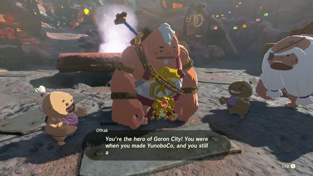 Yunobo and Offrak speaking in the Goron City plaza Yunobo and Offrak speaking in the Goron City plaza