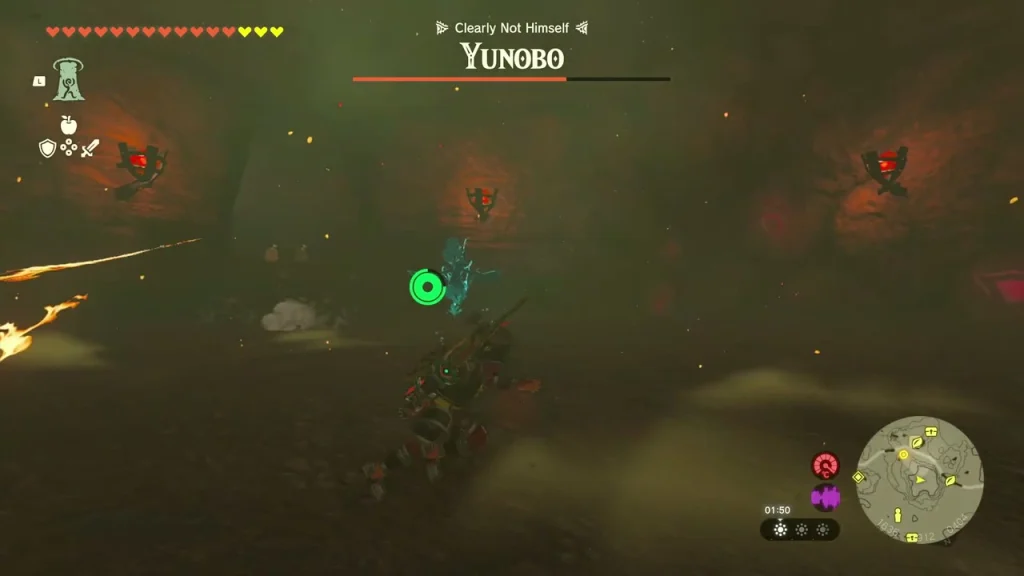 Masked Yunobo rolling at speed across the dim cave floor Masked Yunobo rolling at speed across the dim cave floor