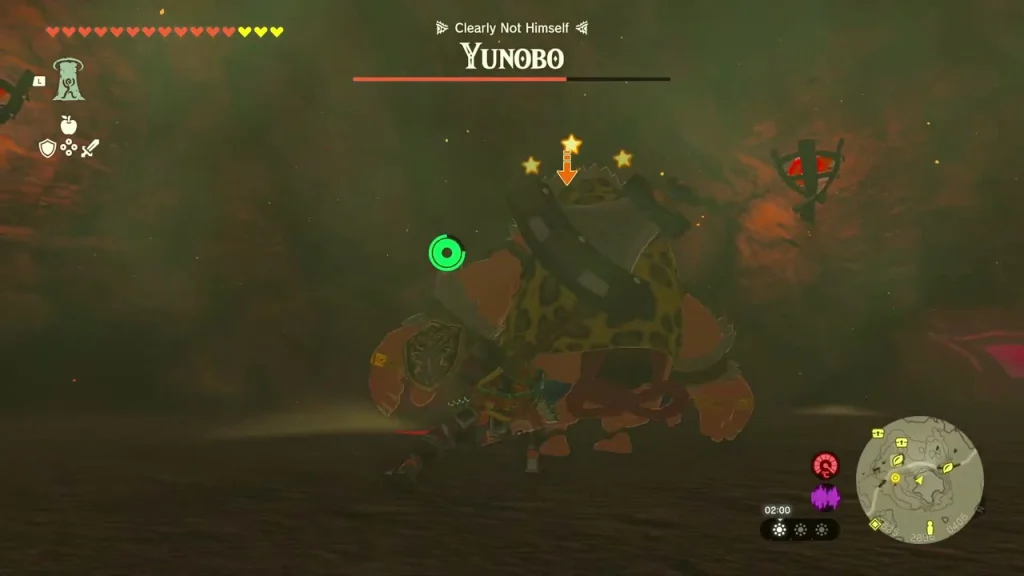 Stunned Yunobo with stars circling his head after hitting the wall Stunned Yunobo with stars circling his head after hitting the wall