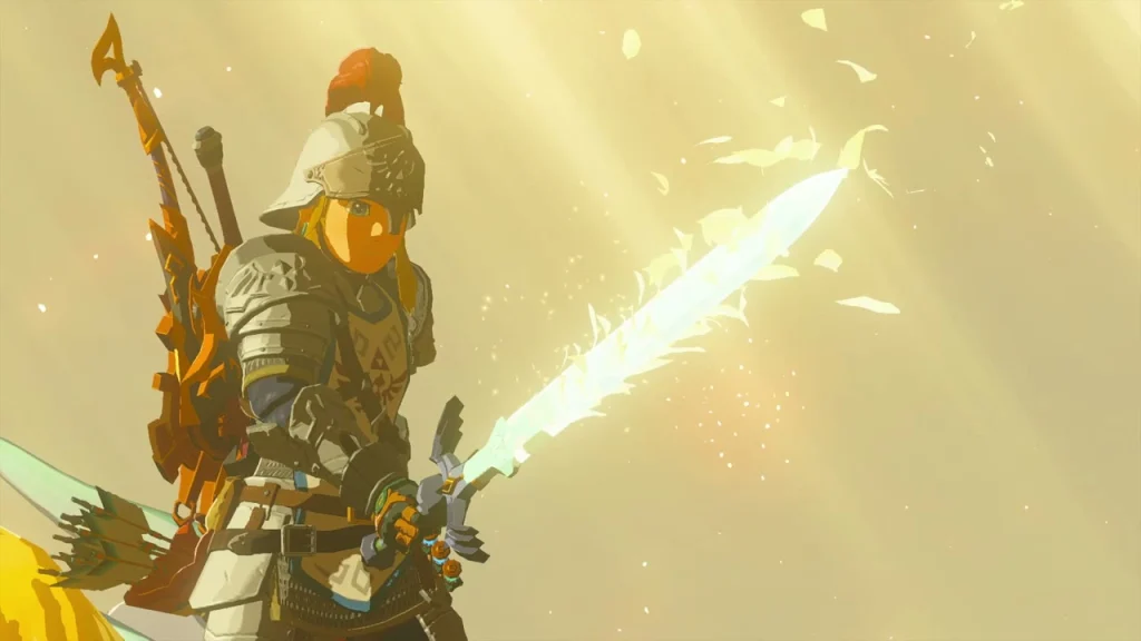 Glowing Master Sword blade held out before the traveller with golden sparks drifting past