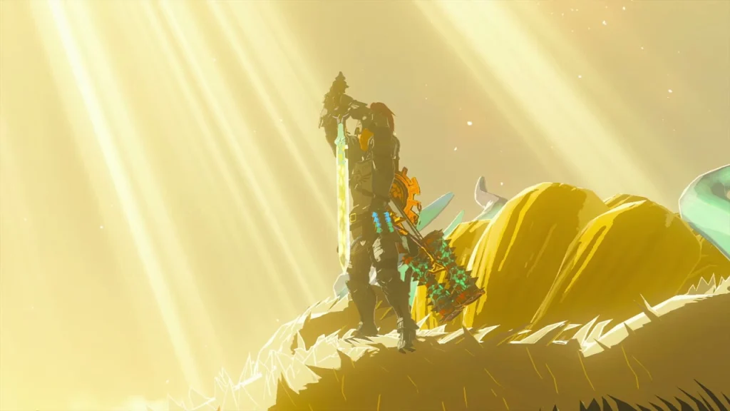 Restored Master Sword raised overhead on the Light Dragon's golden mane in shafts of light