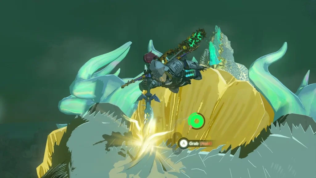 Light Dragon's golden mane with a green grab marker and prompt as the sword hilt glints