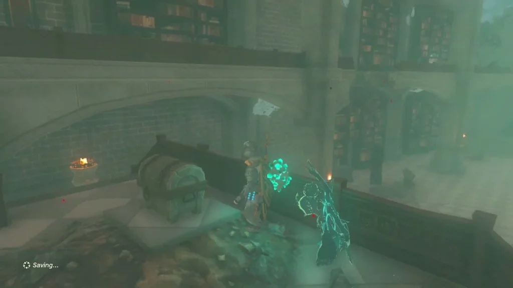 Library balcony stairs beneath the red banner with the chest holding a Gold Rupee in the corner Library balcony stairs beneath the red banner with the chest holding a Gold Rupee in the corner