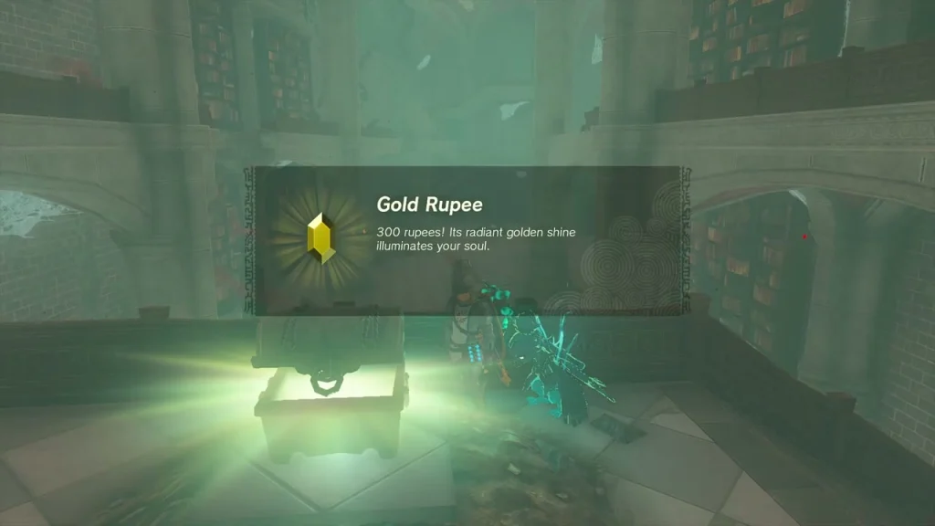 Gold Rupee item box reading 300 rupees above an open chest in the castle library Gold Rupee item box reading 300 rupees above an open chest in the castle library