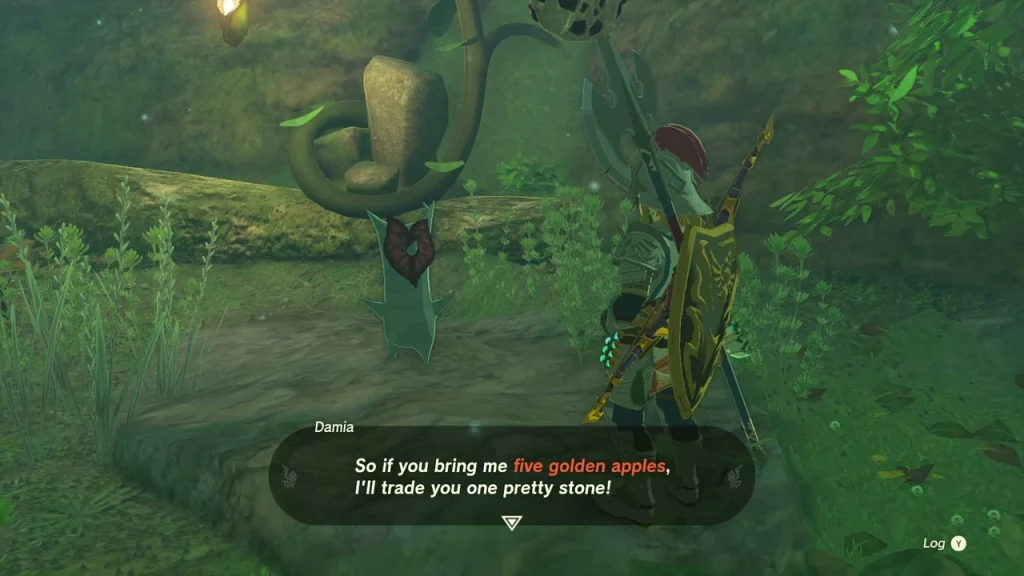 Damia the Korok beside a fallen log on the forest path asking for five golden apples Damia the Korok beside a fallen log on the forest path asking for five golden apples