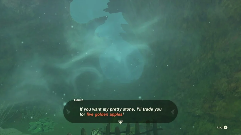 Damia beside the glowing green stone on the path through Korok Forest Damia beside the glowing green stone on the path through Korok Forest