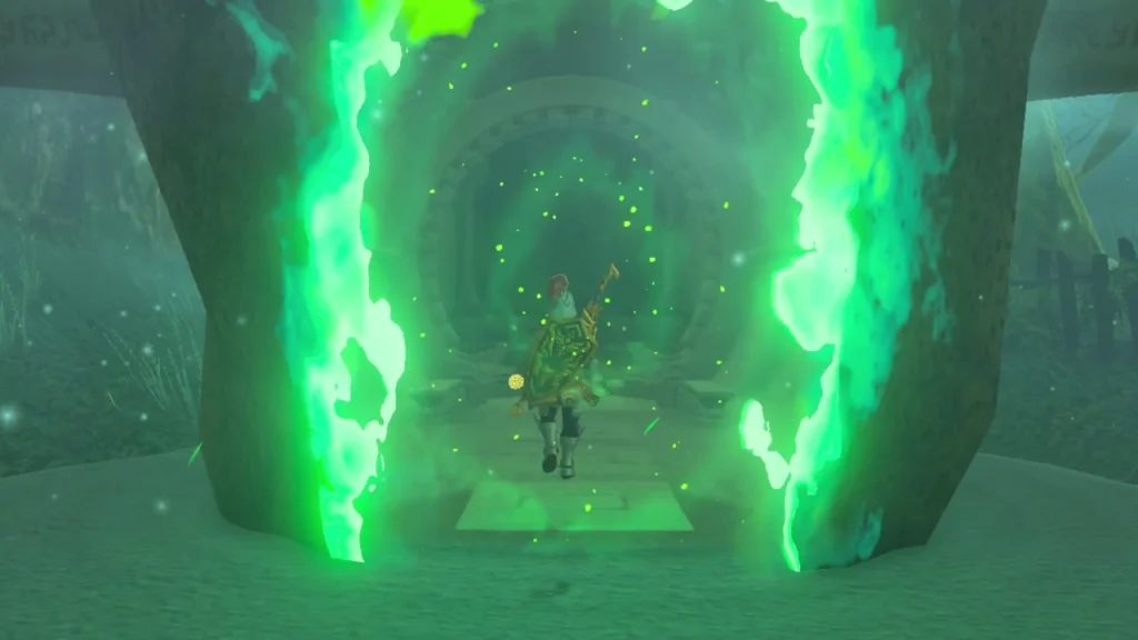 Green glowing doorway of Pupunke Shrine opening in the tree trunks Green glowing doorway of Pupunke Shrine opening in the tree trunks