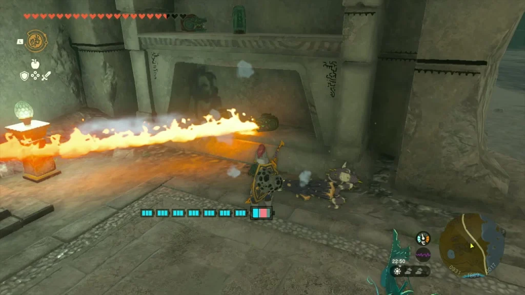 Flame jetting from a device across the ruin wall Flame jetting from a device across the ruin wall