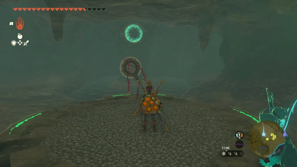 Green glowing ring above the cave pool seen from the throwing pedestal Green glowing ring above the cave pool seen from the throwing pedestal