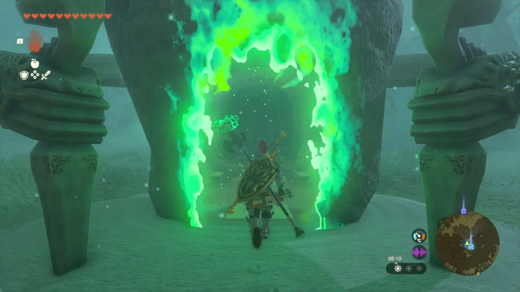 Ninjis Shrine standing in the Lost Woods fog after the glide down Ninjis Shrine standing in the Lost Woods fog after the glide down