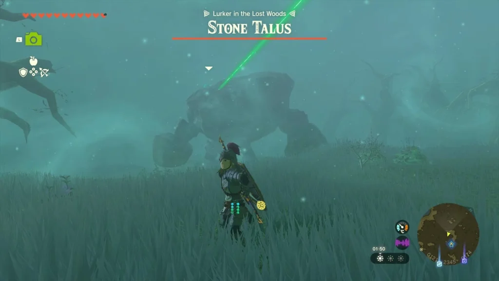 Stone Talus rising in the grass beneath the green beam Stone Talus rising in the grass beneath the green beam