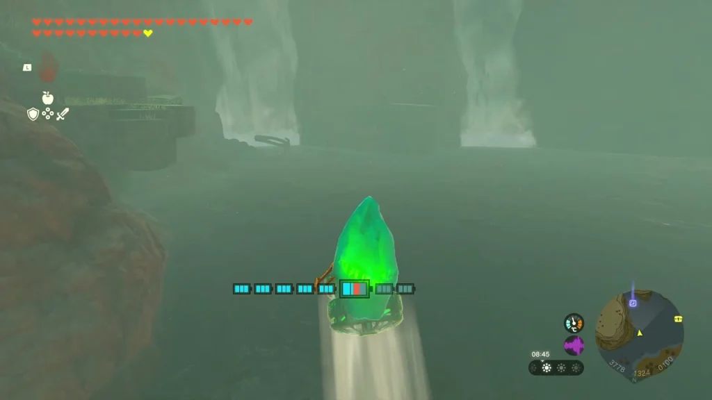 Crystal on a fan platform skimming across the water toward the shrine