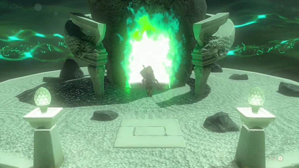Shrine chamber with a glowing green doorway between two lit lamps