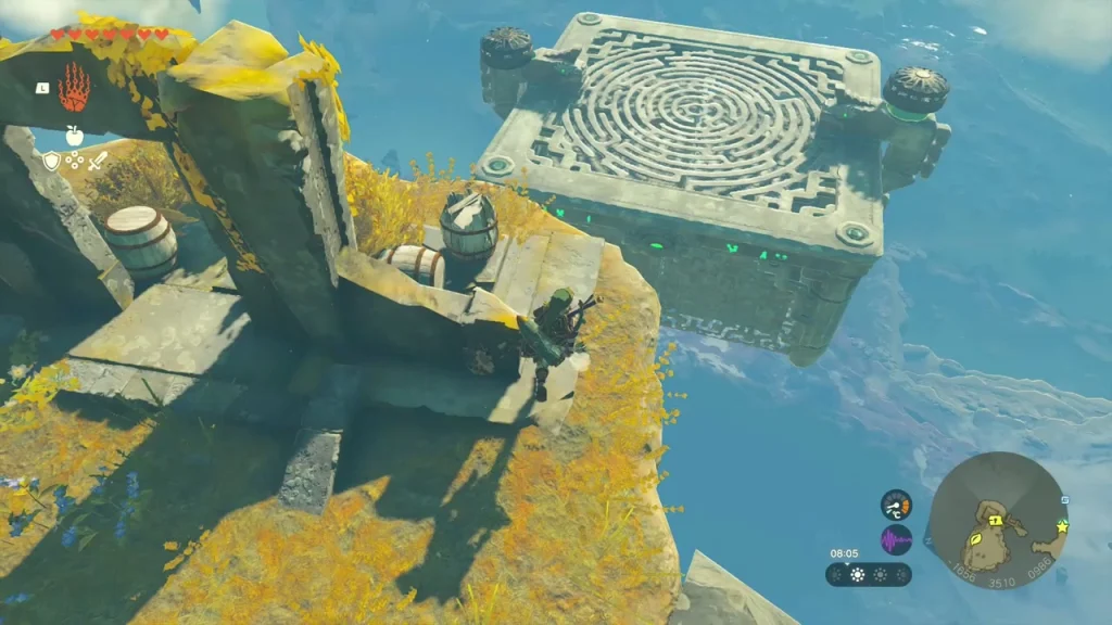 Floating stone block carved with a circular maze pattern