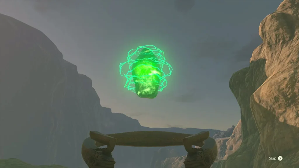 Glowing green crystal rising in front of the shrine arch Glowing green crystal rising in front of the shrine arch