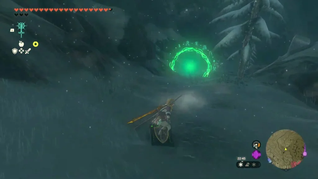 Glowing green ring above a snowy slope with a shield-surfer approaching Glowing green ring above a snowy slope with a shield-surfer approaching