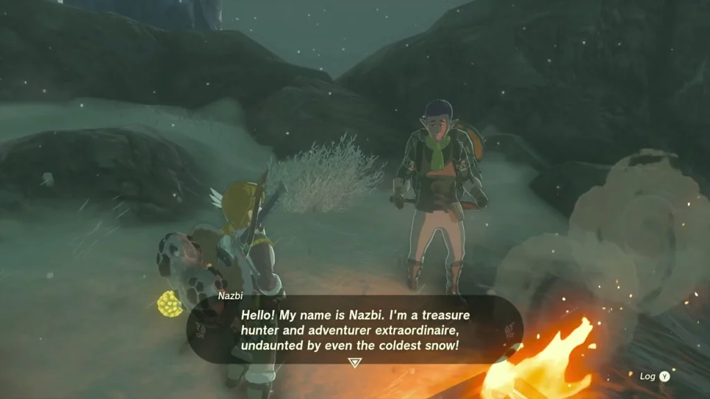 Nazbi, a treasure hunter in a green jacket, beside his campfire in the snow Nazbi, a treasure hunter in a green jacket, beside his campfire in the snow