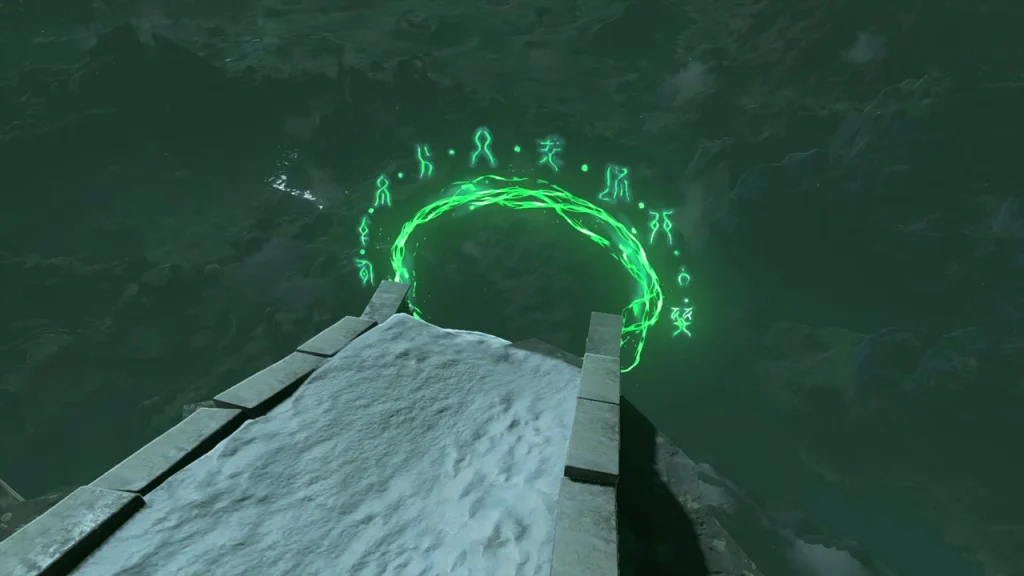 Green glyph ring glowing above a snowy stone ramp Green glyph ring glowing above a snowy stone ramp