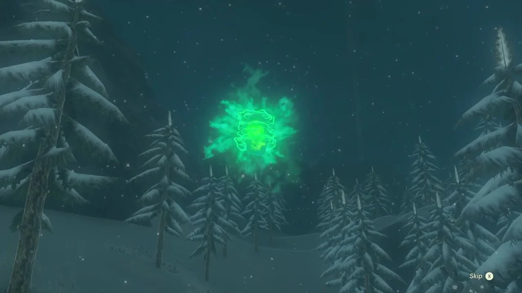 Green glow of the Shrine of Light appearing among snowy pines Green glow of the Shrine of Light appearing among snowy pines