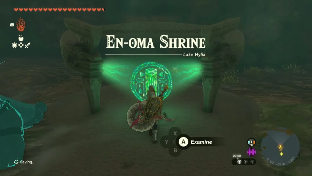 Glowing shrine mound with an Examine prompt in the Lake Hylia whirlpool cave Glowing shrine mound with an Examine prompt in the Lake Hylia whirlpool cave