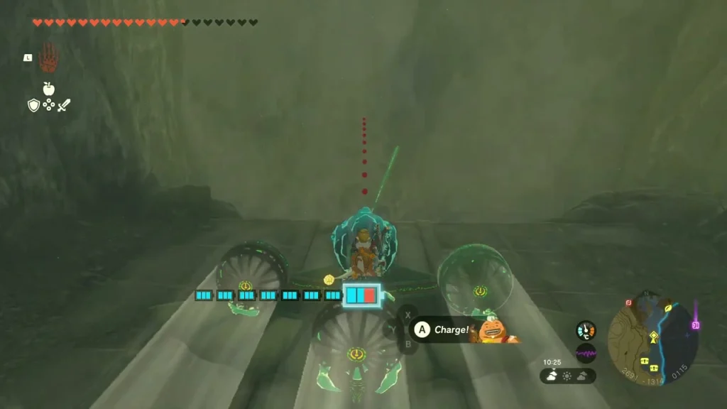 Charged Zonai vehicle carrying the crystal out of the cave Charged Zonai vehicle carrying the crystal out of the cave