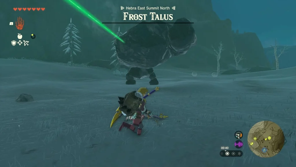 Frost Talus on the snowfield with a green crystal beam pointing at it Frost Talus on the snowfield with a green crystal beam pointing at it