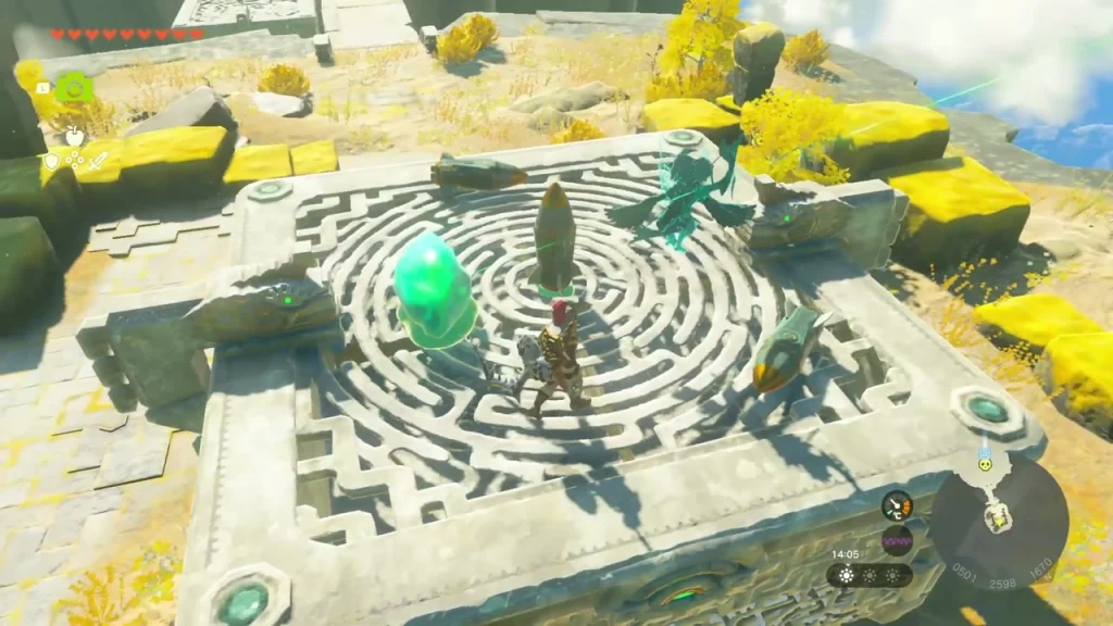 Glowing green crystal on a circular maze table on a floating platform Glowing green crystal on a circular maze table on a floating platform