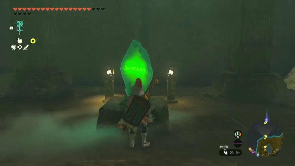 Glowing green crystal on a stone pedestal in Oakle's Navel Cave Glowing green crystal on a stone pedestal in Oakle's Navel Cave