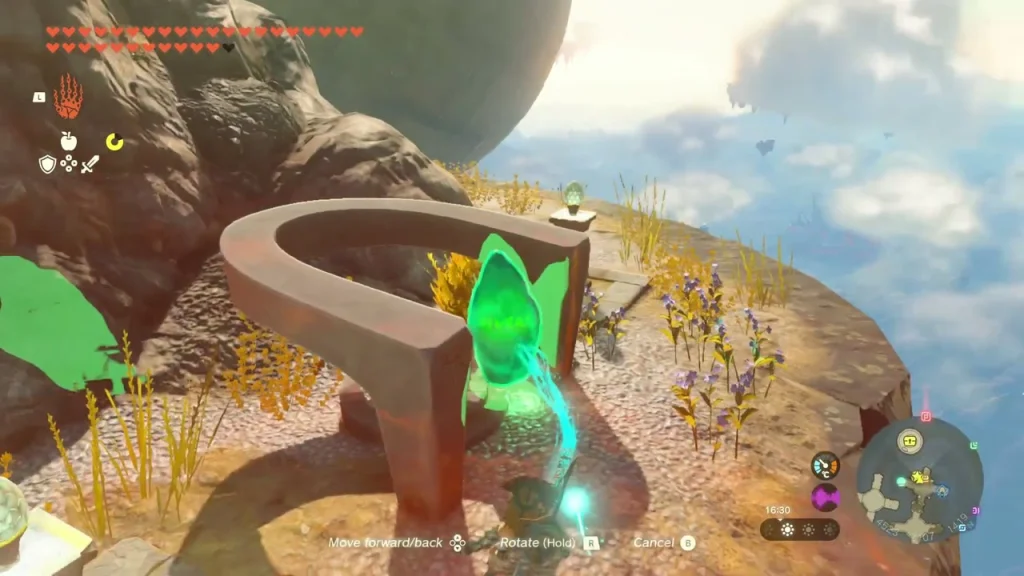 Green crystal resting in a curved stone cradle on a small sky island Green crystal resting in a curved stone cradle on a small sky island