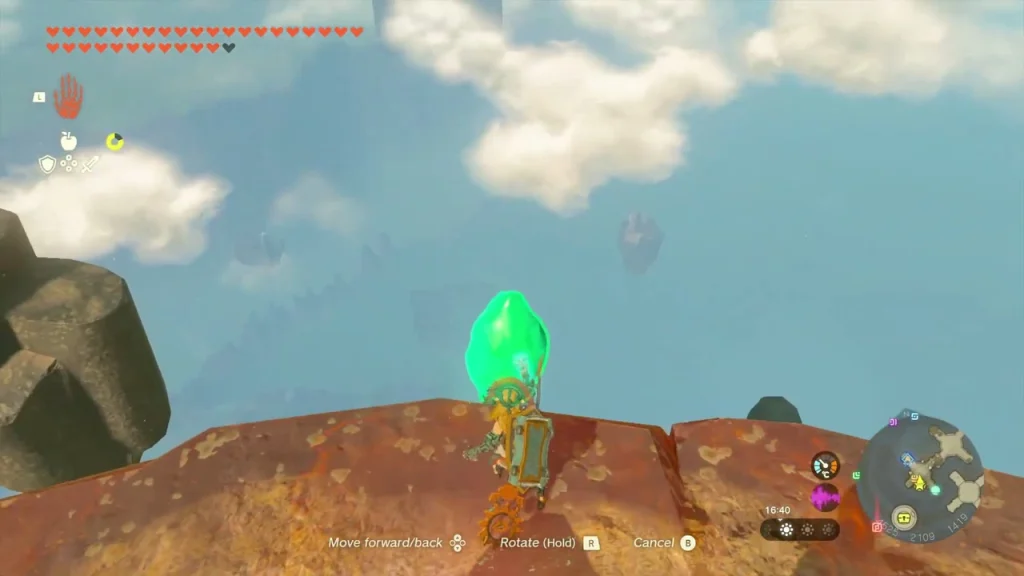 Crystal held with Ultrahand over the edge of the sky island Crystal held with Ultrahand over the edge of the sky island