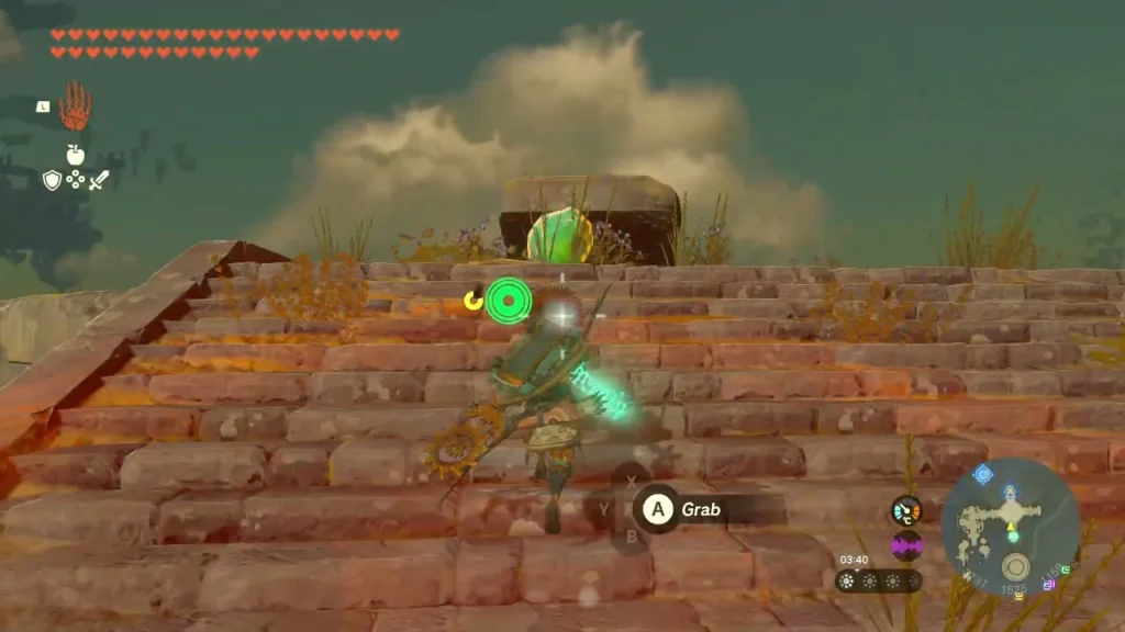 Crystal sitting at the top of red stone stairs with a Grab prompt Crystal sitting at the top of red stone stairs with a Grab prompt