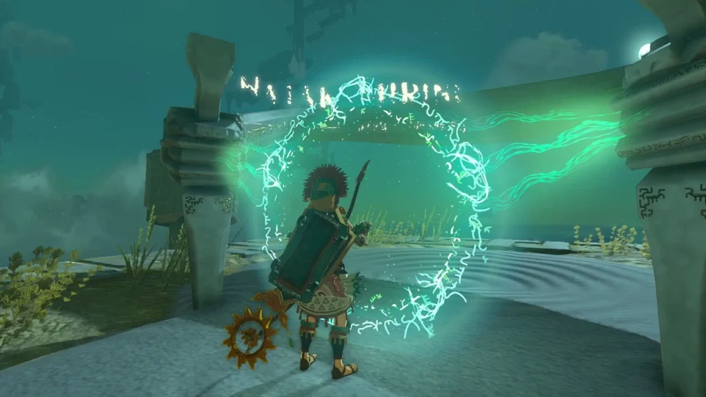 Glowing stone arch with green energy on the Sokkala Sky Archipelago Glowing stone arch with green energy on the Sokkala Sky Archipelago