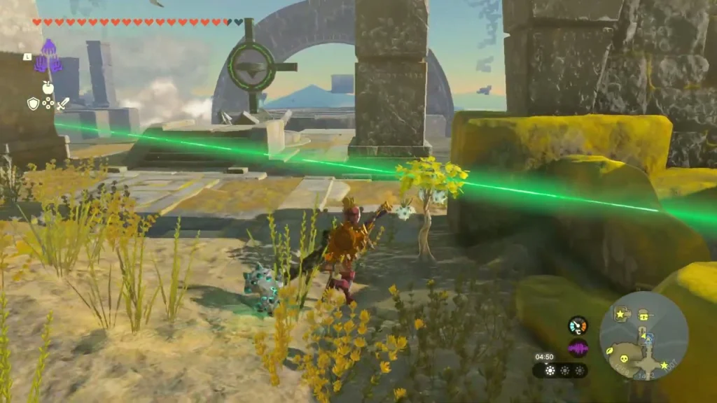 Green beam of light crossing a ring-shaped ruin on the Jinodok Shrine island Green beam of light crossing a ring-shaped ruin on the Jinodok Shrine island