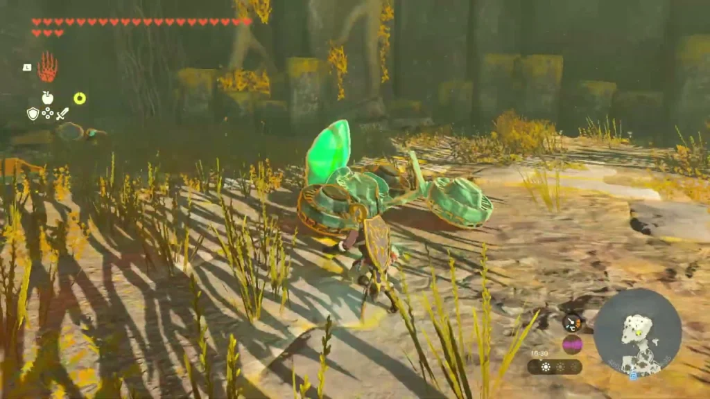 Zonai device carrying the green crystal across the island Zonai device carrying the green crystal across the island