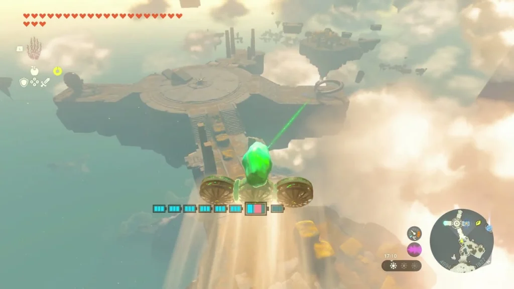 Green crystal on a flying Zonai device over the sky archipelago Green crystal on a flying Zonai device over the sky archipelago