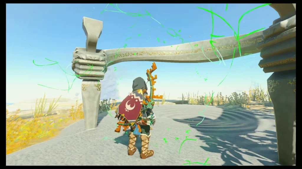 Ganos Shrine stone arch with green runes on a sky island Ganos Shrine stone arch with green runes on a sky island