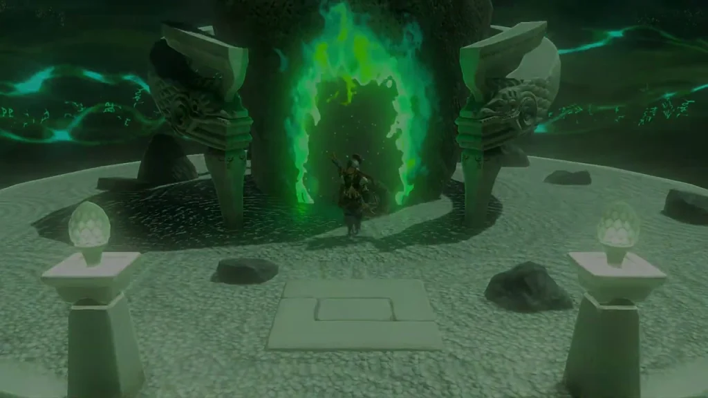 Round shrine platform with the entrance glowing green behind it Round shrine platform with the entrance glowing green behind it