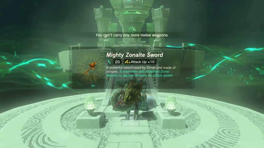 Item box reading Mighty Zonaite Sword above the platform chest Item box reading Mighty Zonaite Sword above the platform chest