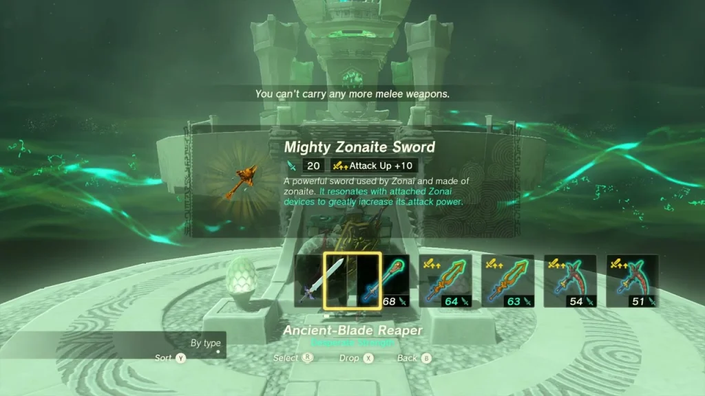 Mighty Zonaite Sword item box with the shrine platform behind it Mighty Zonaite Sword item box with the shrine platform behind it