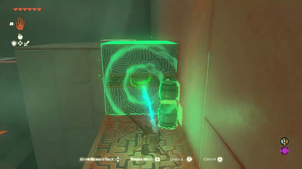 Stone crate grabbed with Ultrahand beside a stone wall