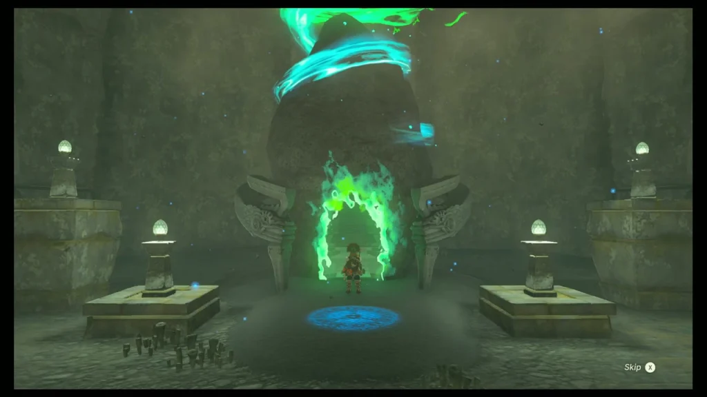 Glowing shrine doorway between two lantern pedestals Glowing shrine doorway between two lantern pedestals