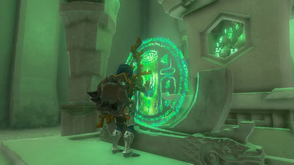 Glowing green seal and hexagonal carving beside the terminal Glowing green seal and hexagonal carving beside the terminal