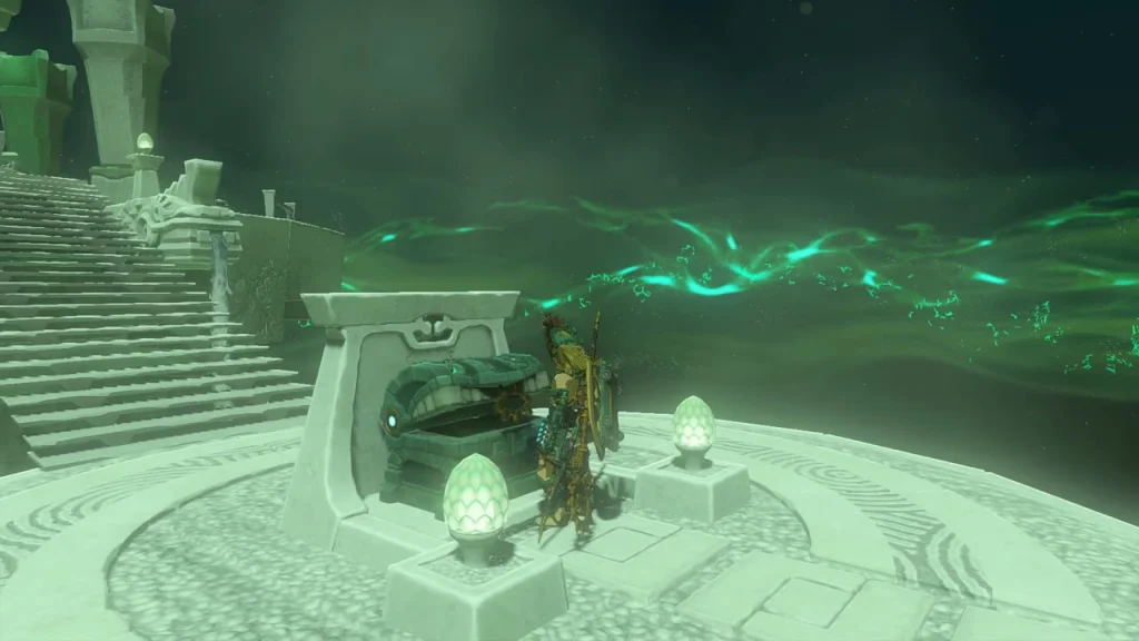 Chest opened beside the lanterns on the circular platform